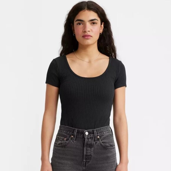 NWOT Levi's Bodega Open Neck Stretch Ribbed Short Sleeve Shirt, Black, Size XS - Picture 3 of 8